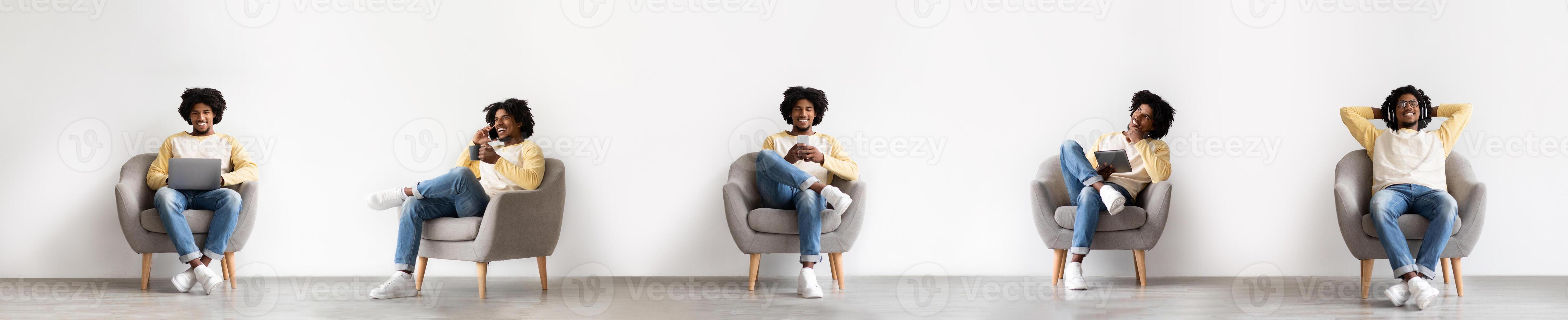 Digital Activities. Collage With Happy Black Guy Using Different Gadgets Sitting In Armchair, Browsing Internet On Laptop, Smartphone And Digital Tablet At Home, Enjoying Online Leisure. Panorama photo