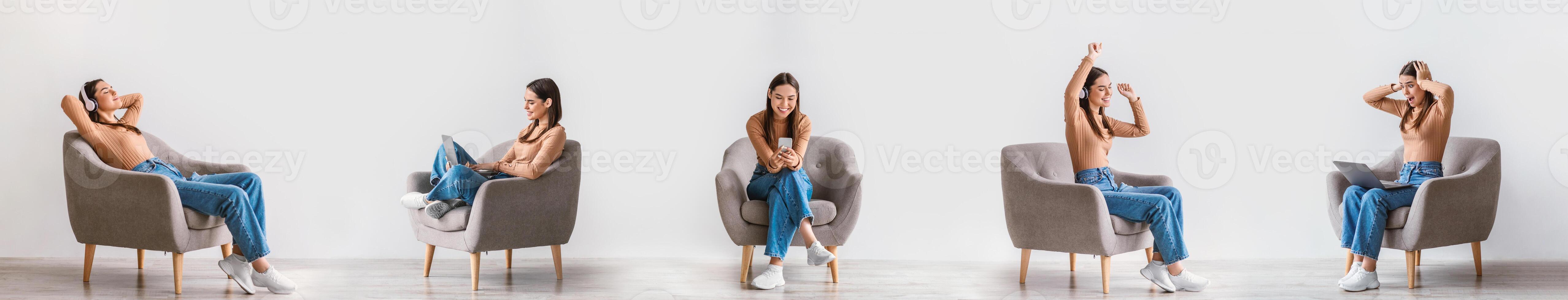Collage With Positive Lady With Smartphone, Laptop And Headphones Engaging In Different Online Activities And Leisure, Using Modern Gadgets Sitting In Cozy Armchair On White Studio Wall. Panorama photo