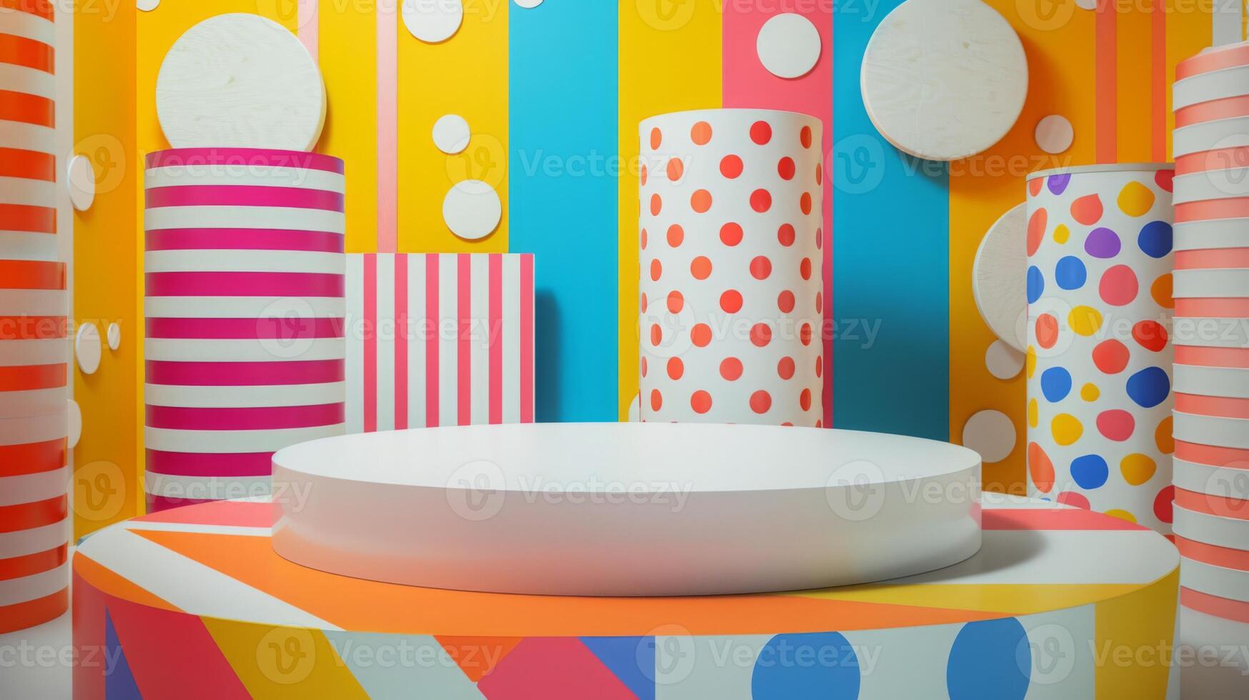 Vibrant geometric shapes adorned with stripes and polka dots are displayed in a modern gallery. Bright colors dominate the scene, creating a playful and artistic atmosphere. photo