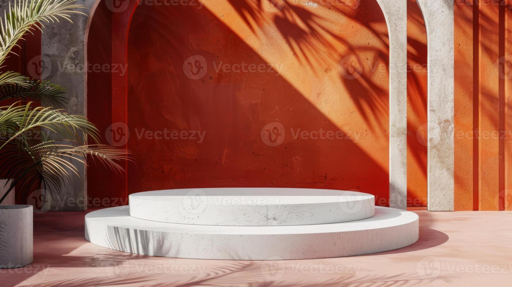 Sunlight streams through palm leaves casting shadows on a minimalist white concrete stage set against an orange wall in a modern courtyard. photo