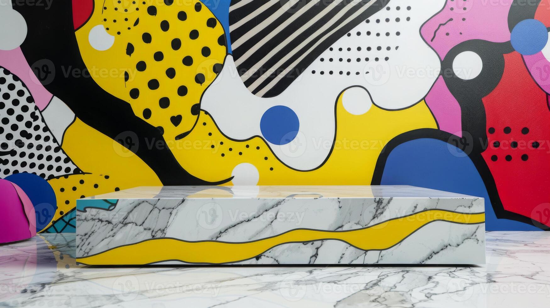A modern marble bench is placed in front of a vibrant, abstract mural featuring bold shapes and colors. photo