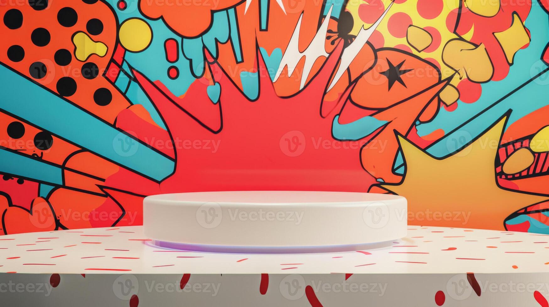 A modern white display stand is set against a vibrant pop art background featuring bold comic-like designs in an indoor setting. photo