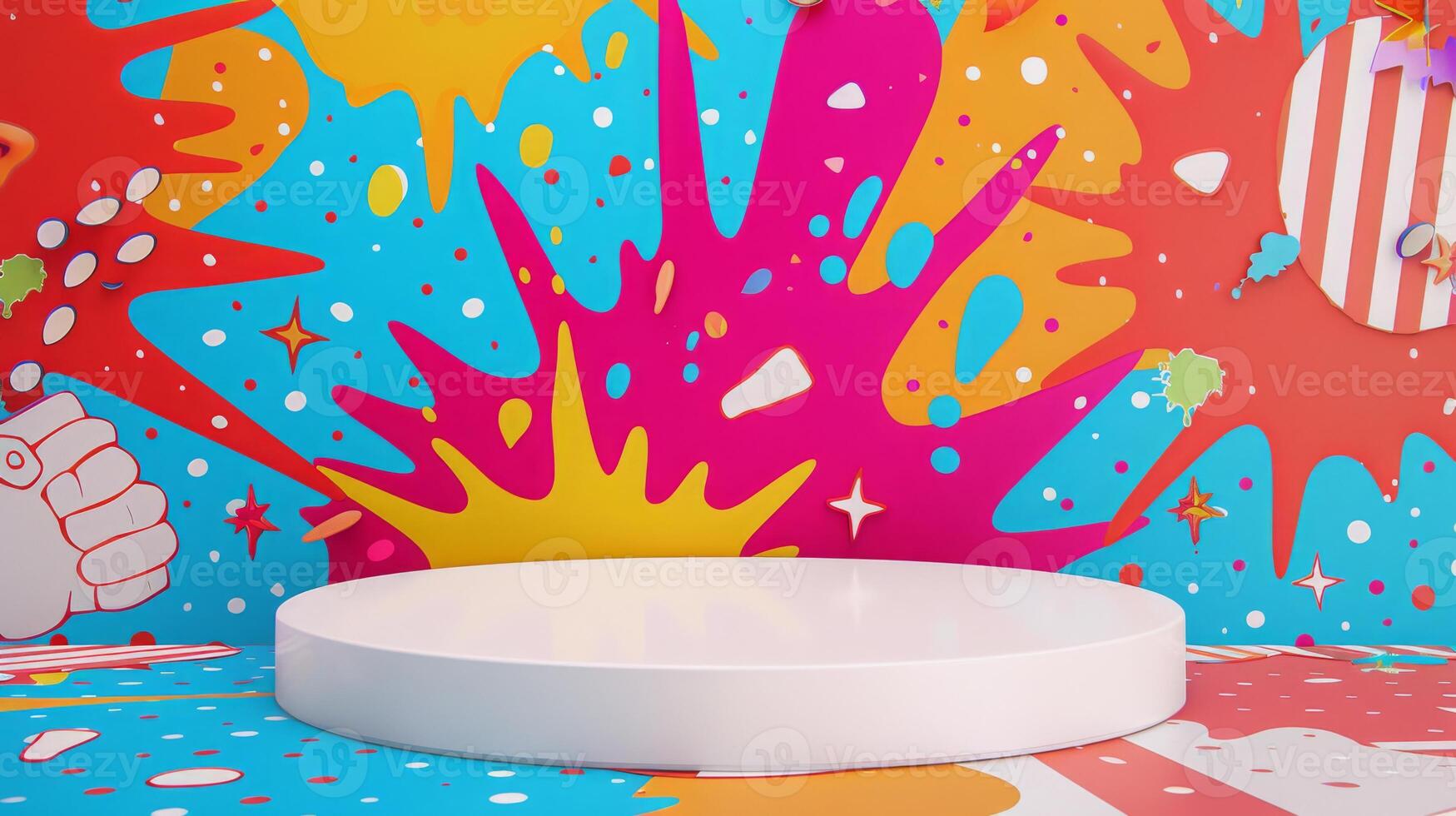 A circular white stage sits in a lively pop art-themed setting with bold splashes of color and cartoon illustrations. photo