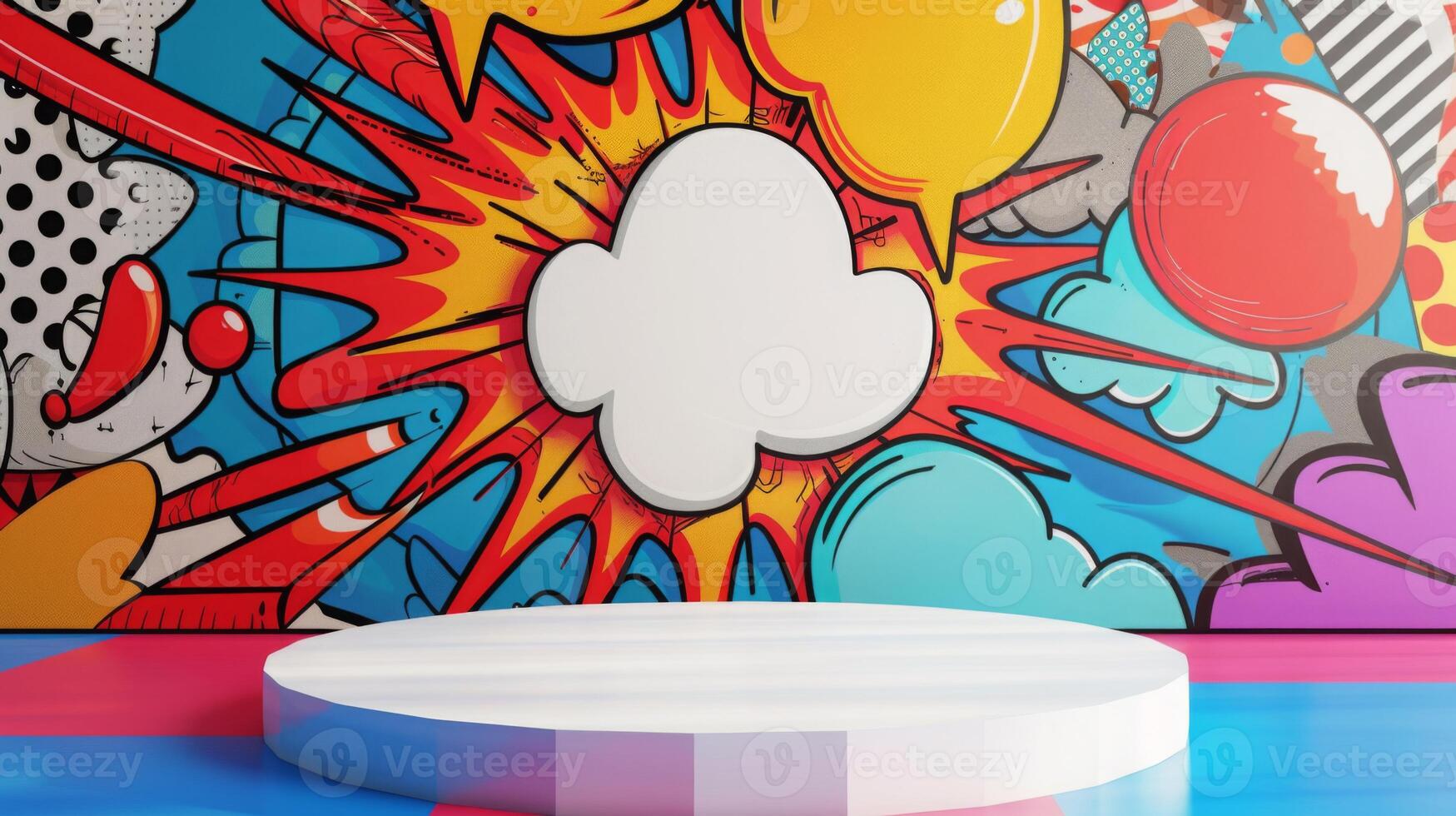 Vibrant comic book-inspired mural featuring speech bubbles and bursts, set in an art studio with a white circular platform. photo
