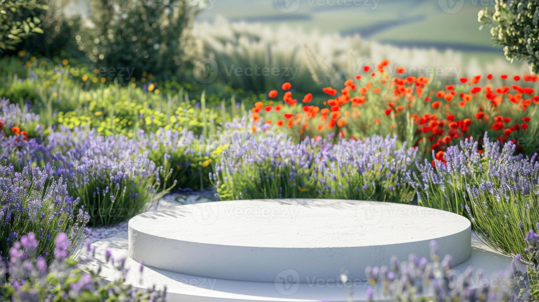 A round concrete platform surrounded by blooming lavender and red poppies in a lush garden under bright sunlight. photo