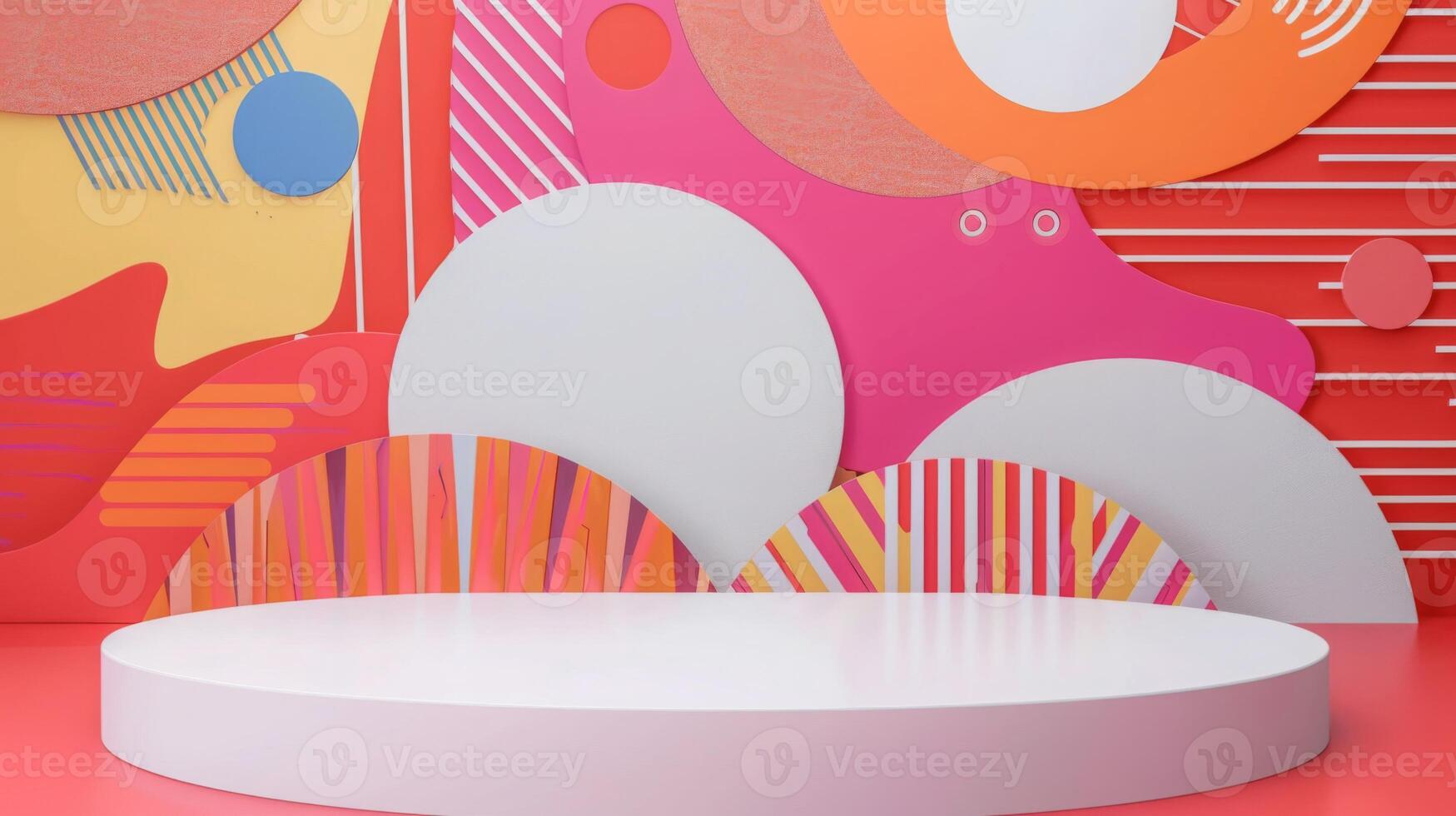 A vibrant and colorful abstract art installation with various geometric shapes and patterns displayed during the day. photo