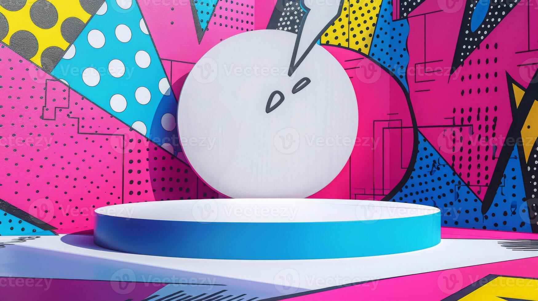 A vibrant pop art-inspired stage featuring a round white pedestal, filled with bold colors and geometric patterns under daytime lighting. photo