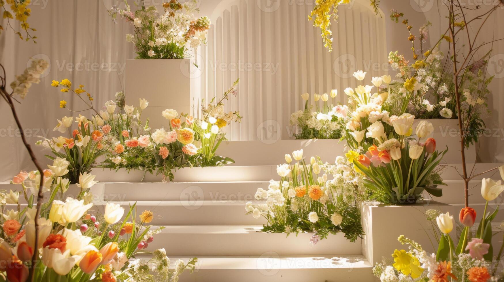 White stairs adorned with colorful flowers and lush greenery, creating a serene and elegant indoor setting bathed in natural daylight. photo
