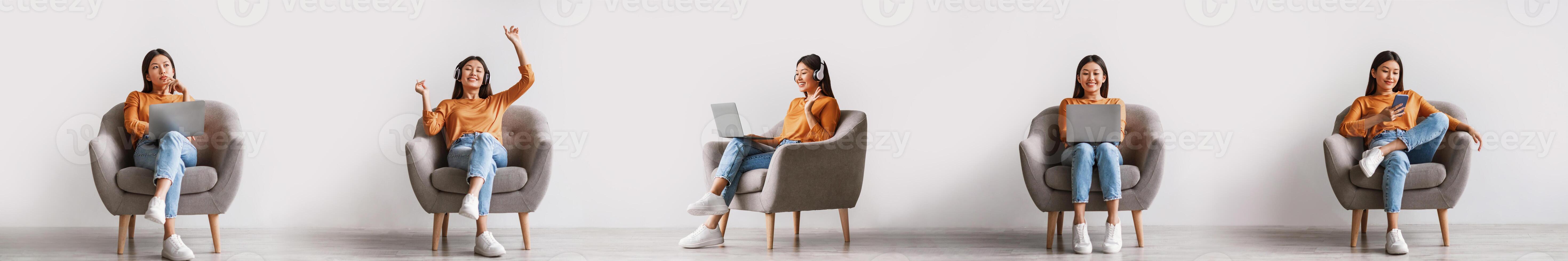 Online Work And Leisure. Collage With Asian Woman Using Laptop Computer And Smartphone, Browsing Internet, Working And Learning Sitting In Armchair Over White Wall Indoor. Panorama photo