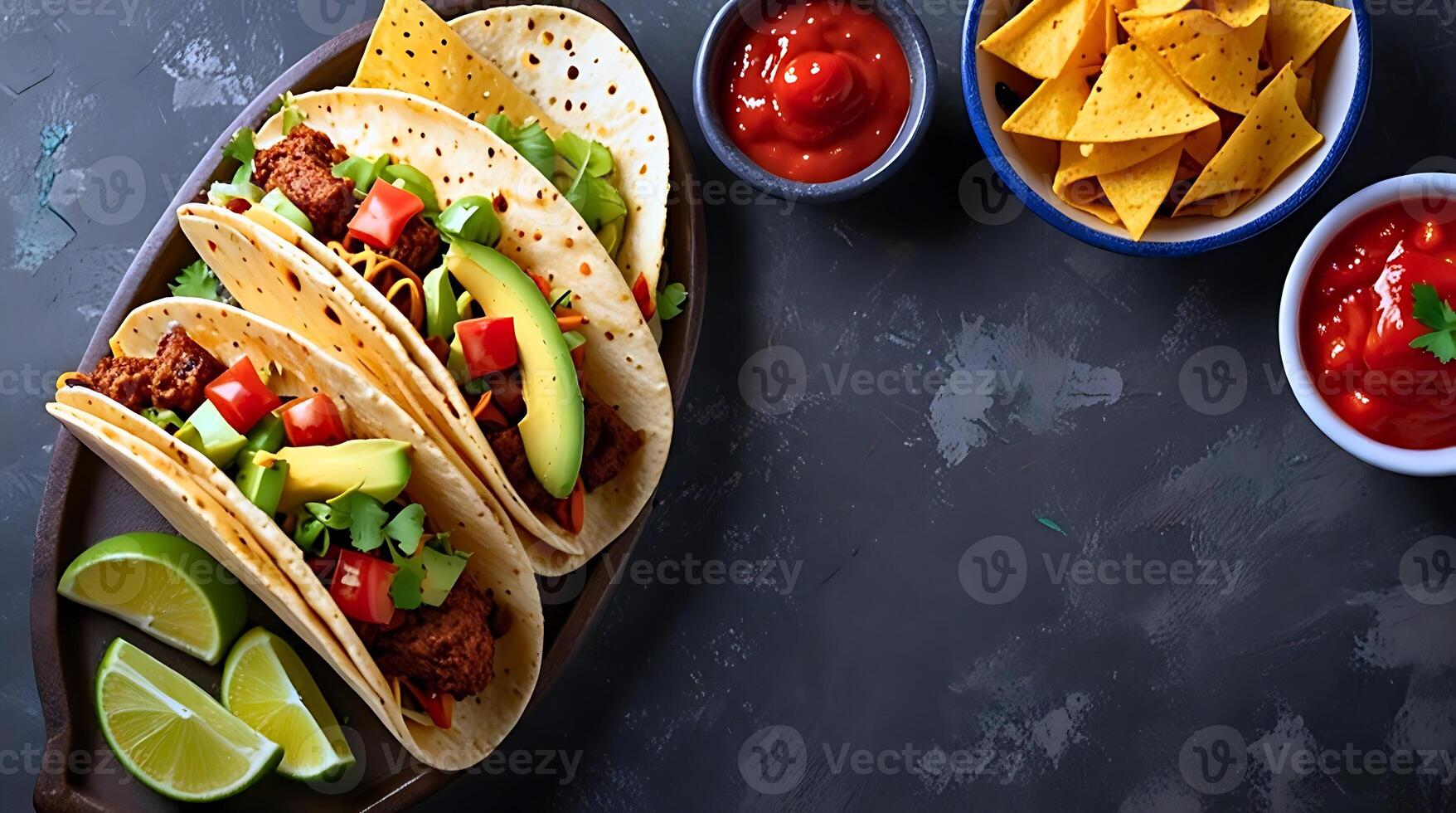 Clear and colorful composition of Mexican food on a gray stone background. Tacos, guacamole, salsa and nachos artistically arranged. photo
