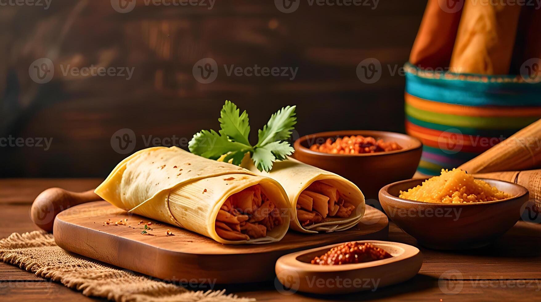 Aesthetic arrangement of typical Mexican foods such as tamales, quesadillas and churros on a wooden cutting board. Blank area at the bottom for your text. photo