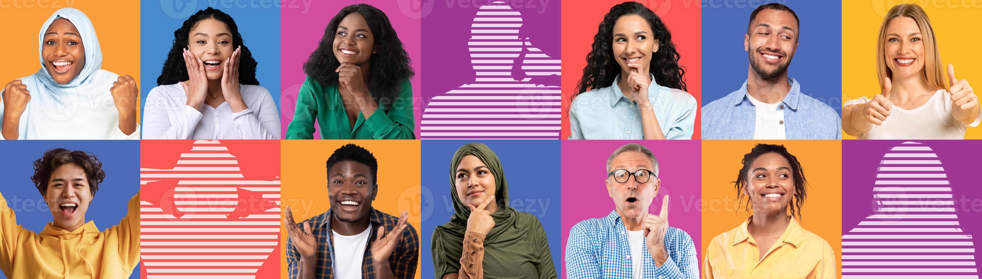Surprised, glad, excited young, adult and old diverse people on colored studio background, show thumbs up, think, with free space with human silhouette, collage. Got idea, recommendation, win photo