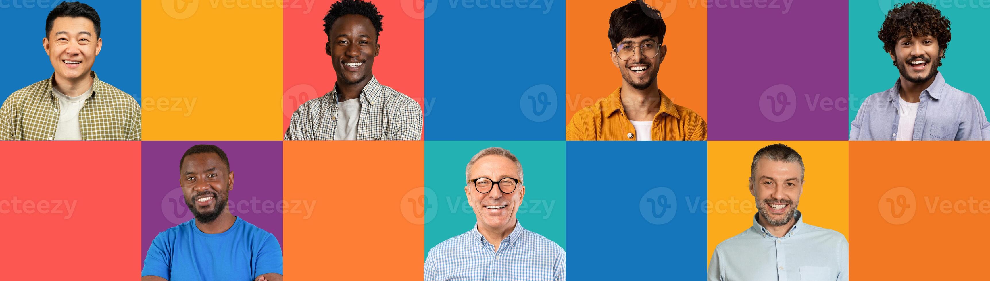 Positive young and adult different men on colorful studio background with blank space for promo, panorama, collage. Male emotions, lifestyle and conference, avatar, ad and offer photo