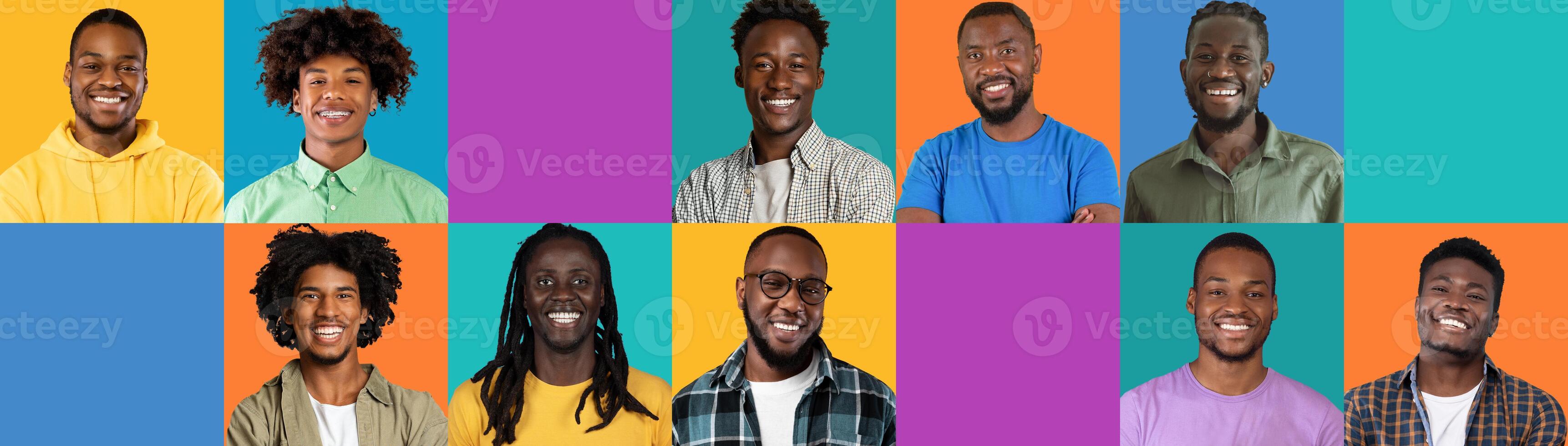 Smiling positive young and adult curly african american men on colorful studio background with free space, panorama, collage. Male emotions, lifestyle and work, ad and offer photo