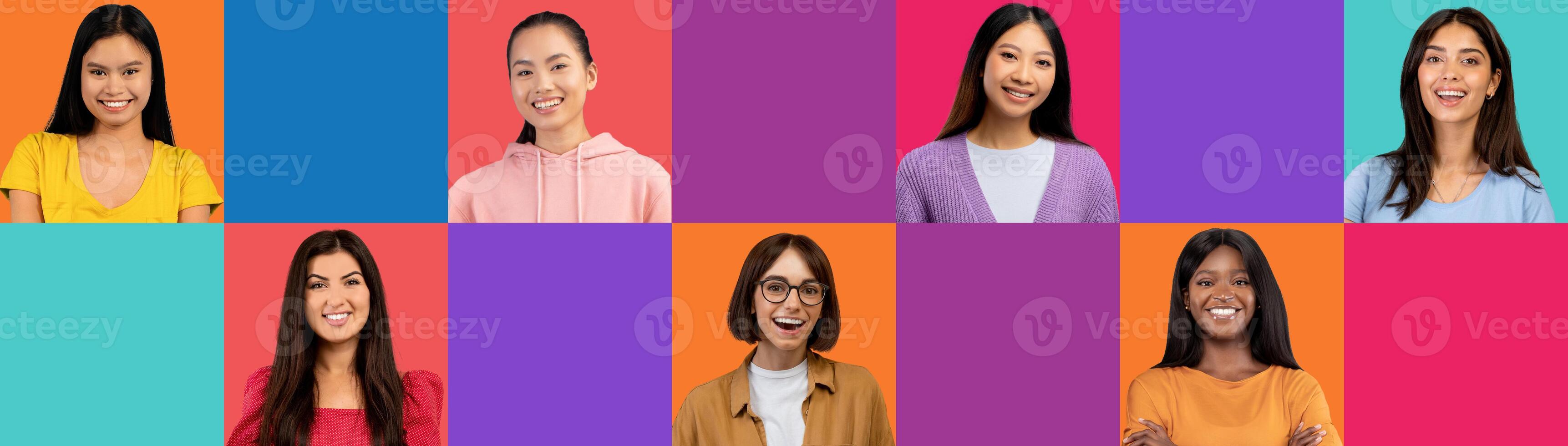 Headshot of smiling inspired young multiracial women enjoy holiday on colorful studio background, with blank space, panorama, collage. Female emotions, lifestyle, ad and offer photo