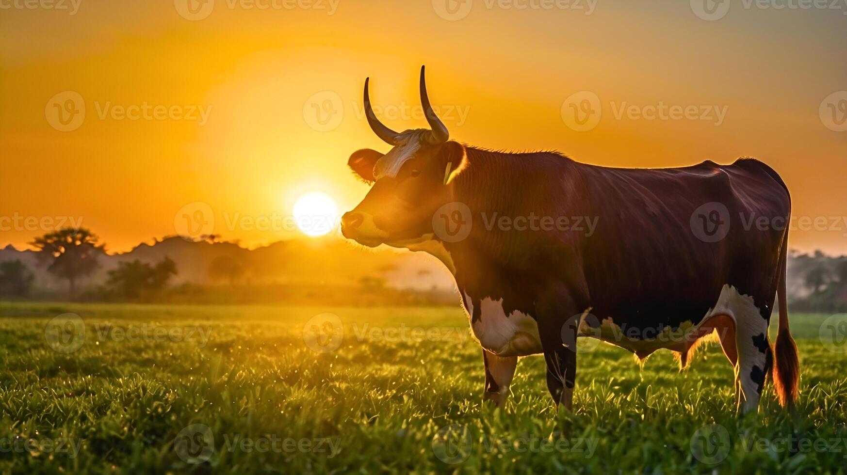 A cow is standing in a field with the sun setting behind her. photo
