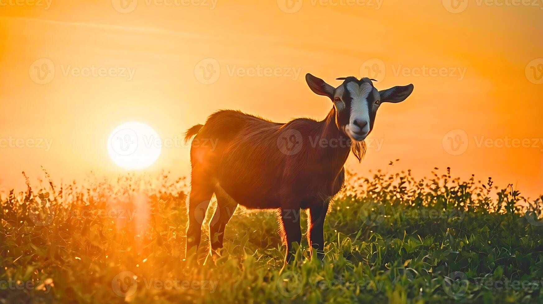 A goat is standing in a field with a sunset in the background. photo