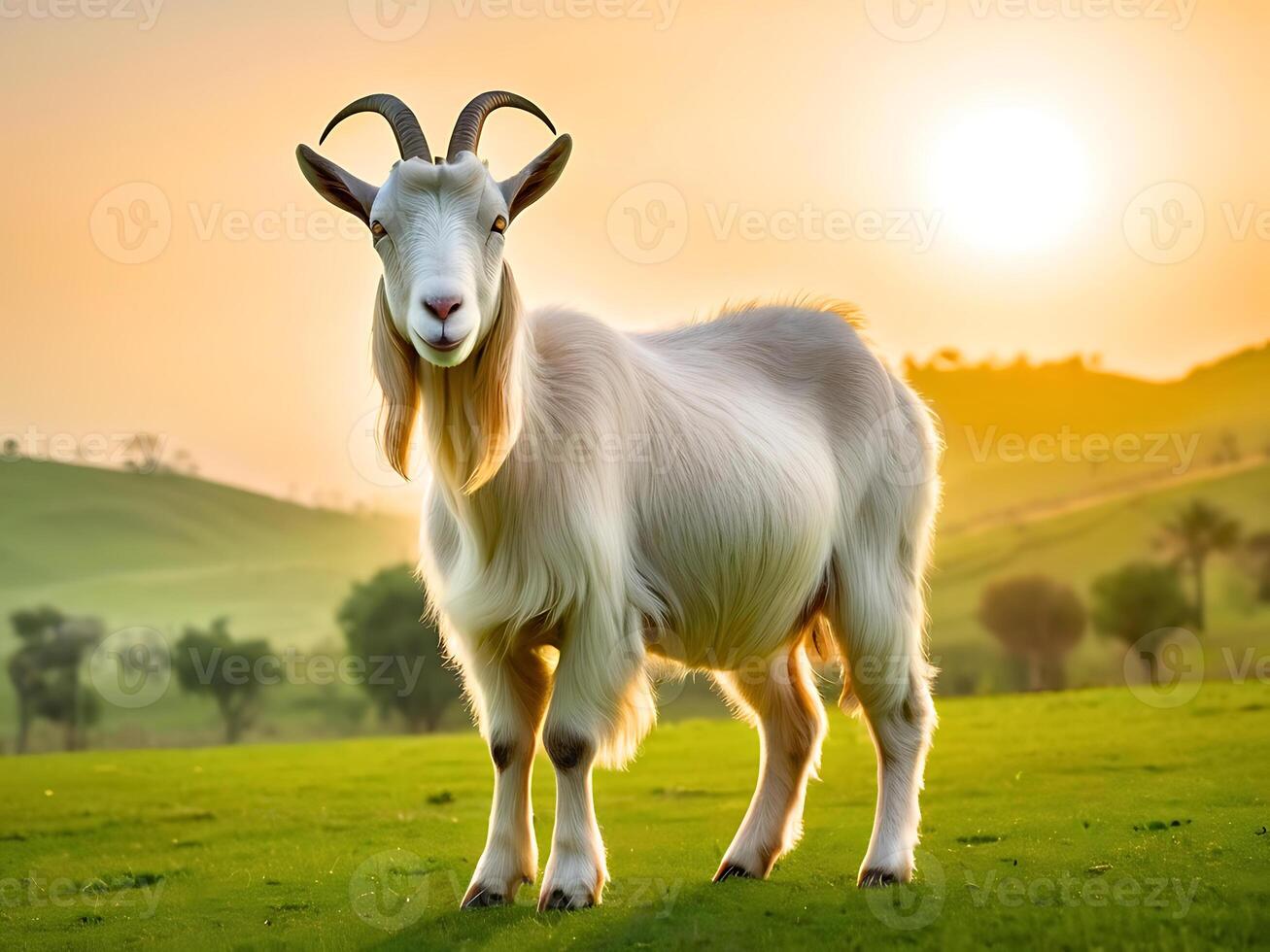 A goat is standing in a field with a sunset in the background. photo