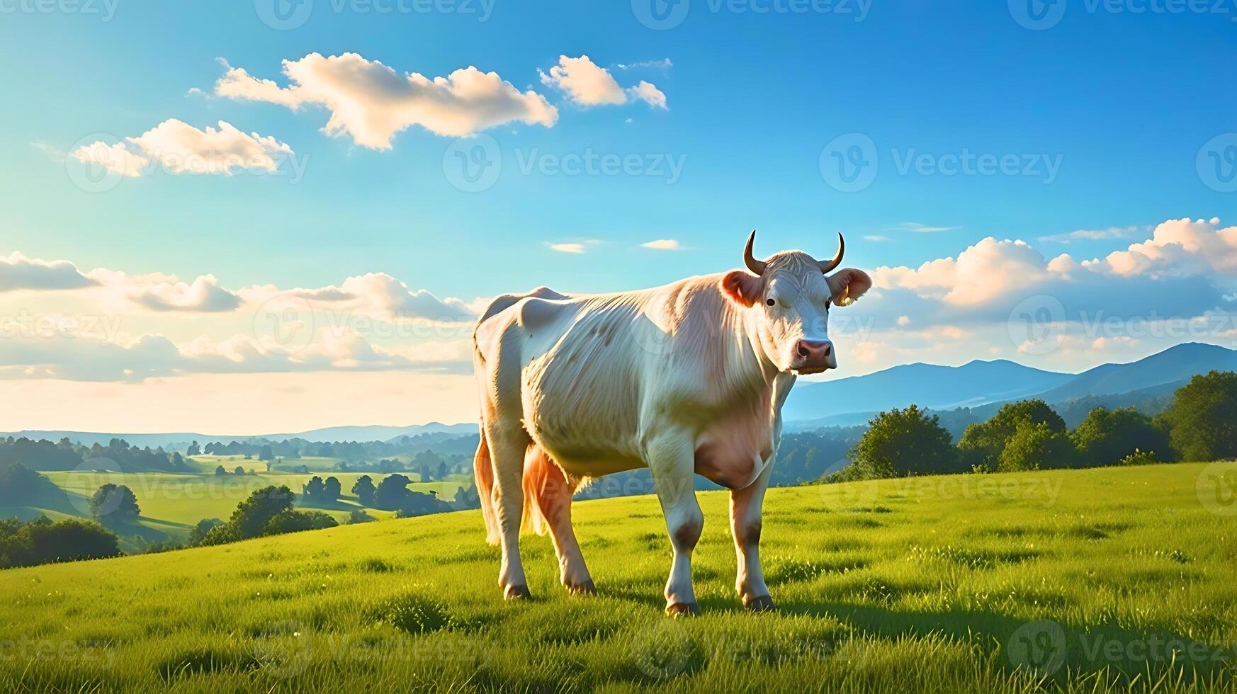 A white cow stands in a green field in the background photo