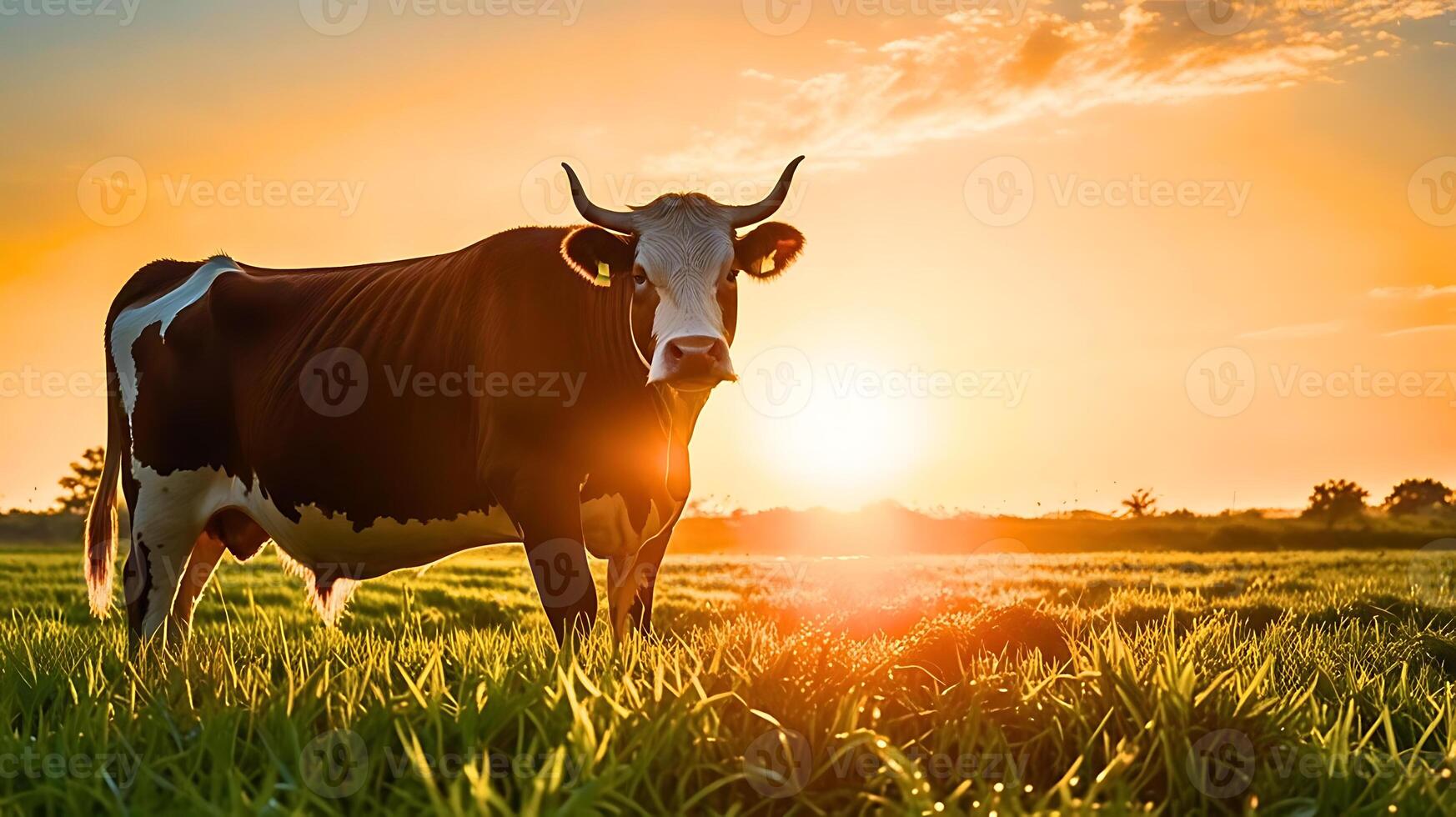 A cow is standing in a field with the sun setting behind her. photo