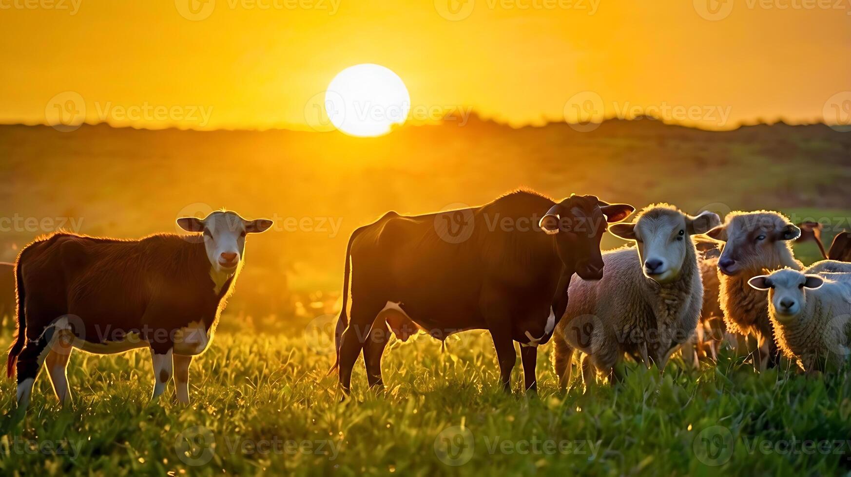 cows and sheep gathered in a green field with bright clouds behind them. photo