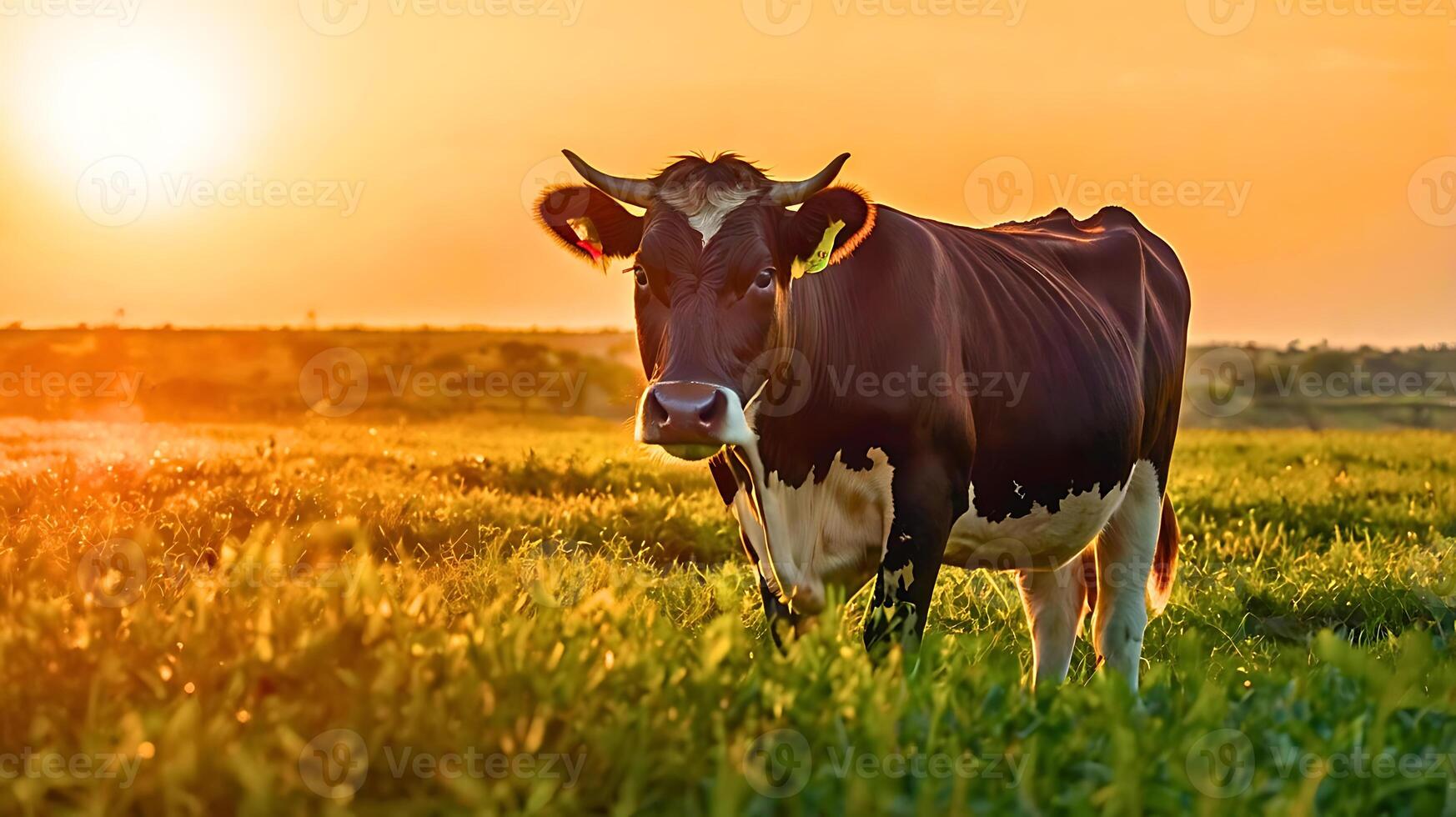A cow is standing in a field with the sun setting behind her. photo