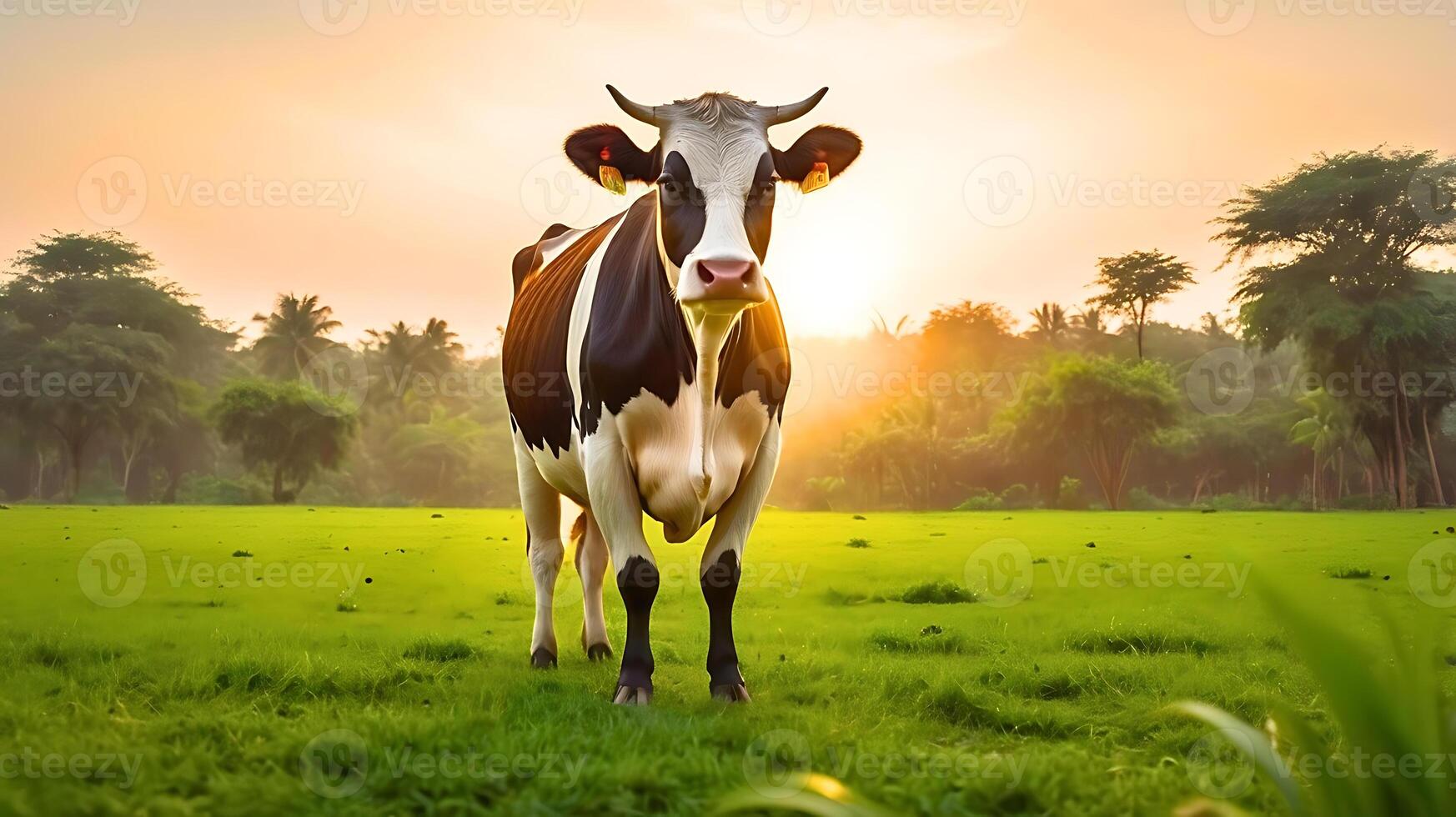 A black and white cow stands in a green field with bright clouds behind her. photo