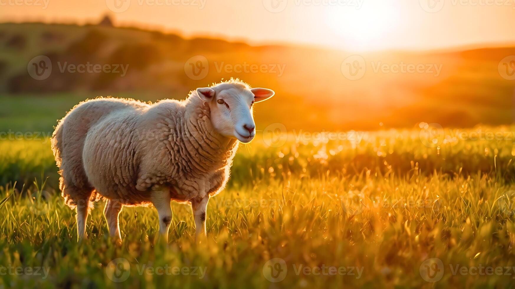 A sheep is standing in a field with a sunset in the background. photo