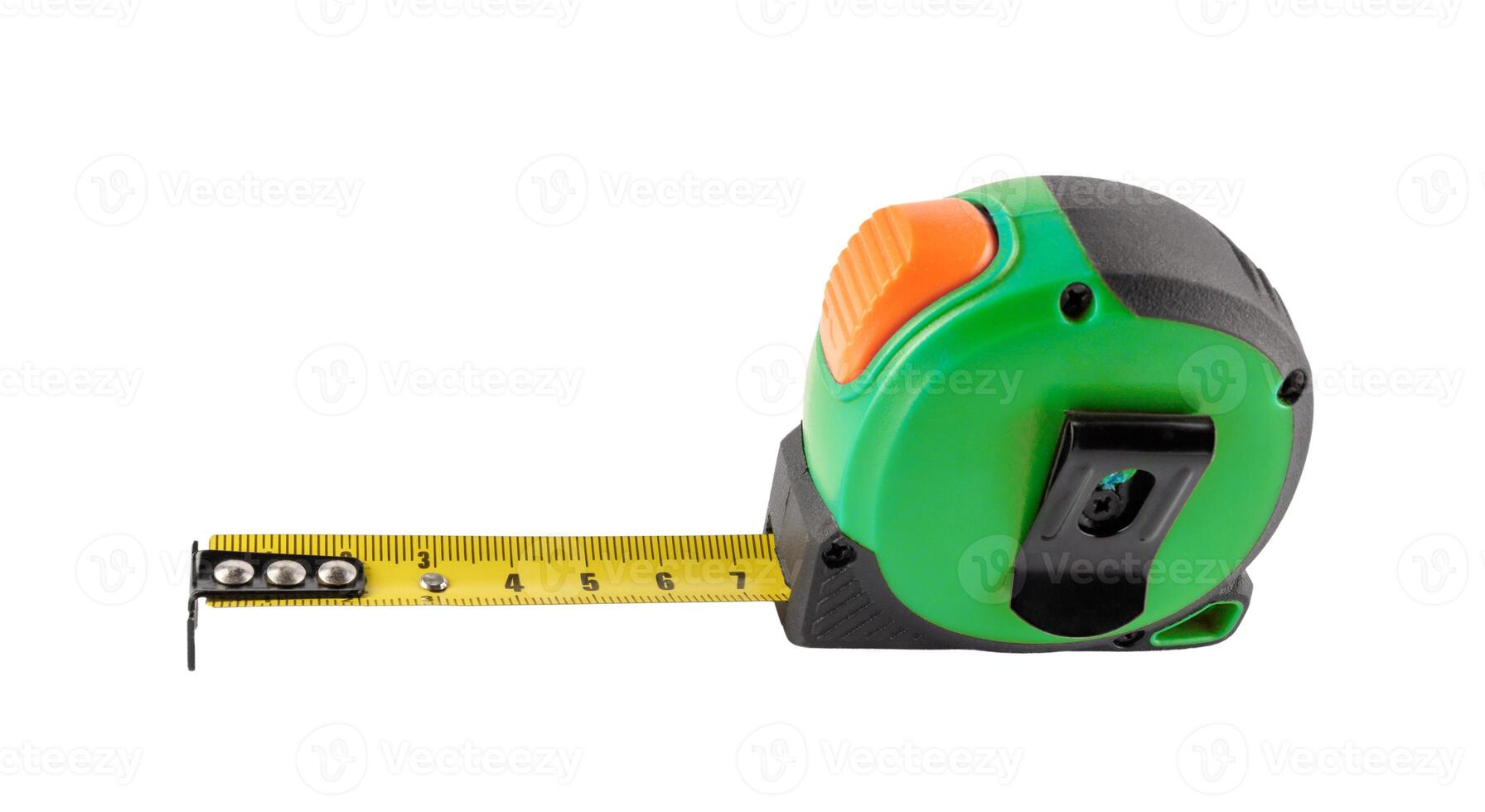 Green measuring tape isolated on white background.Builder's tools photo