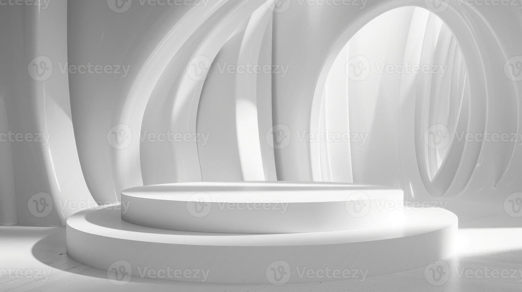 A modern, minimalist white stage with curved architectural elements and soft daylight streaming through. The scene exudes a futuristic and serene atmosphere. photo