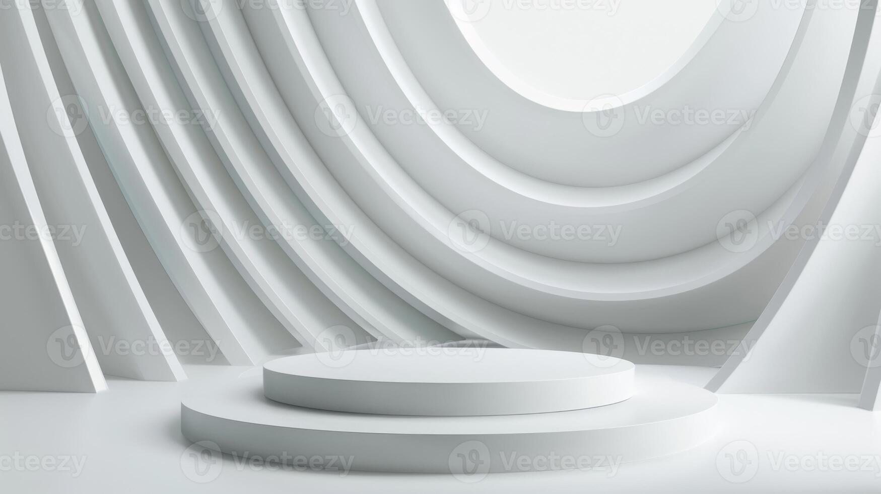 A minimalist white stage with circular steps and an abstract, curved backdrop, featuring soft indoor lighting. photo