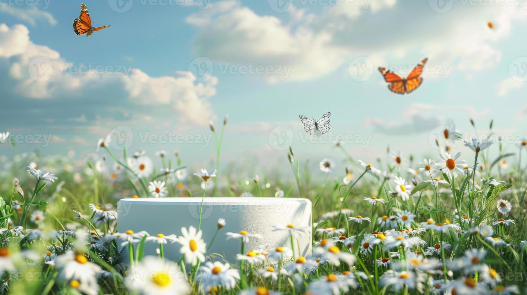 Colorful butterflies flutter above a lush daisy field with a white bench in the center, beneath a bright, sunny sky. photo
