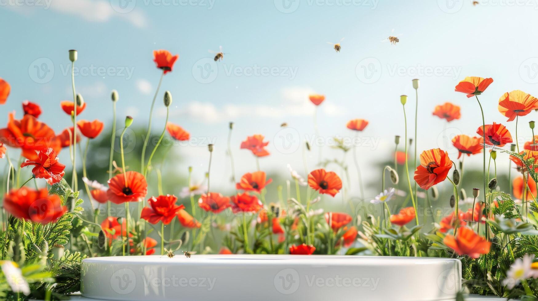 Bees are flying and pollinating among vibrant red poppies in a lush flower field under a clear, sunny sky. photo