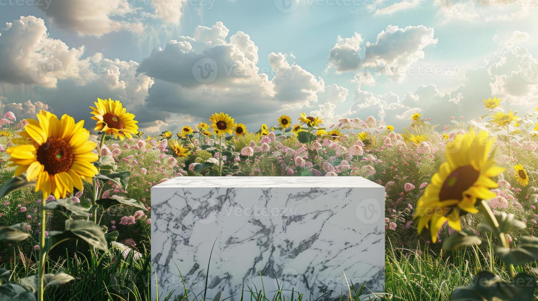 A white marble stone is placed in the middle of a vibrant sunflower field. The sky is filled with dramatic clouds, enhancing the picturesque scene. photo