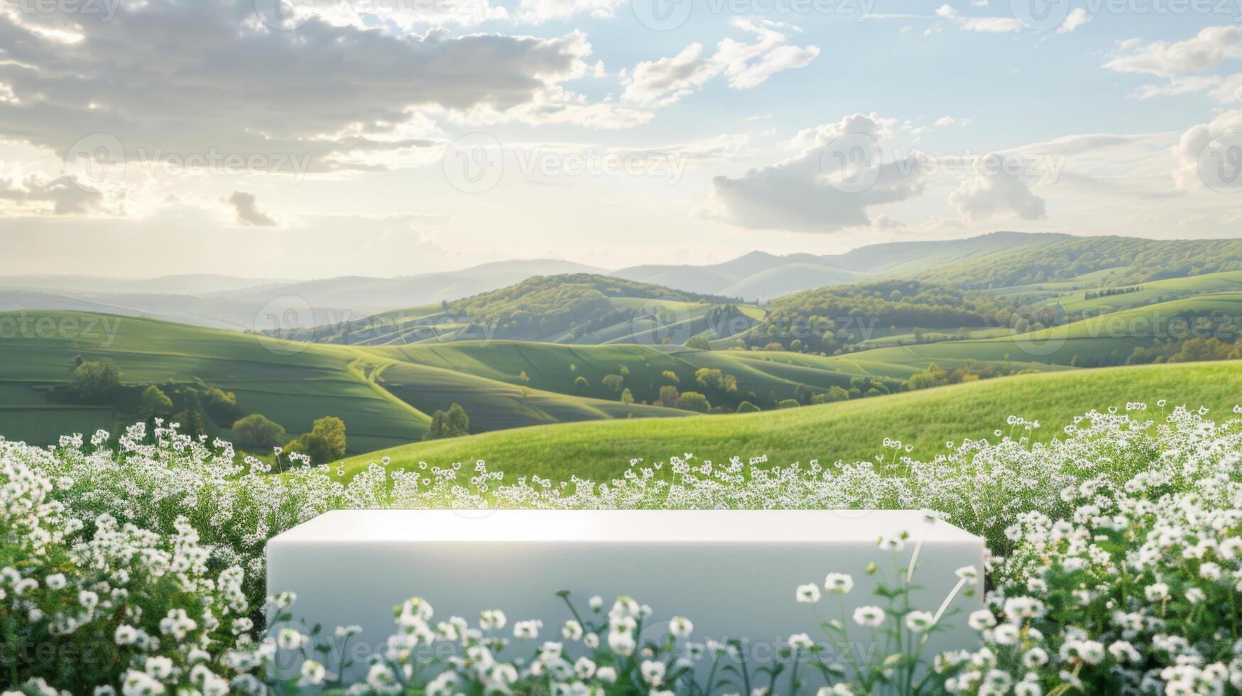 A serene white bench sits amidst a field of blooming daisies, overlooking rolling green hills under a partly cloudy sky on a bright morning. photo
