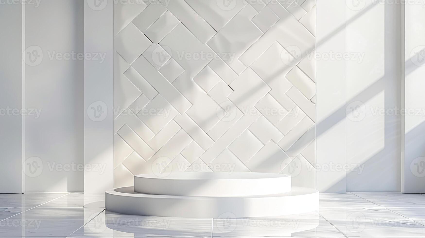 The scene shows elegant, tiered white podiums bathed in natural sunlight, casting geometric shadows on a patterned white wall in a minimalist interior. photo