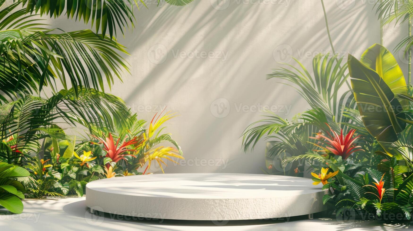 A circular white platform surrounded by lush tropical plants and colorful flowers, basking in sunlight. Shadows of leaves create a pattern on the wall. photo