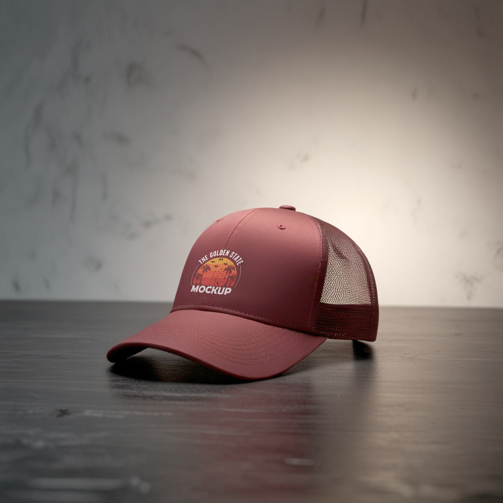 Maroon trucker hat mockup with clothing store background psd