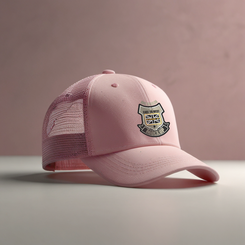 Pink trucker hat mockup with clothing store background psd