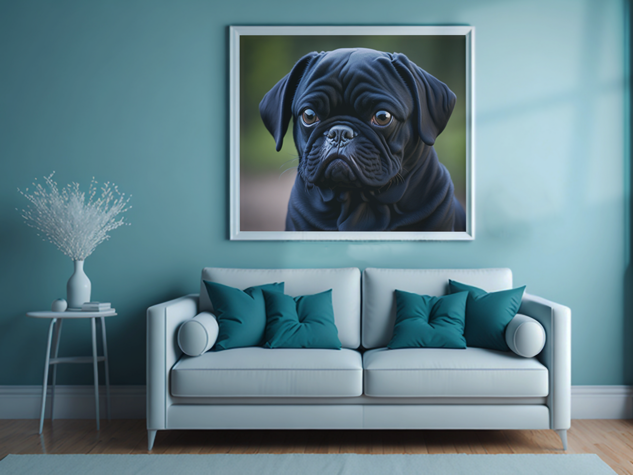 Modern living room interior frame mockup with sofa and lamp, table with blue wall psd