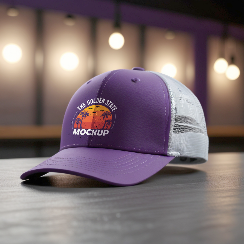 Purple trucker hat mockup with clothing store background psd