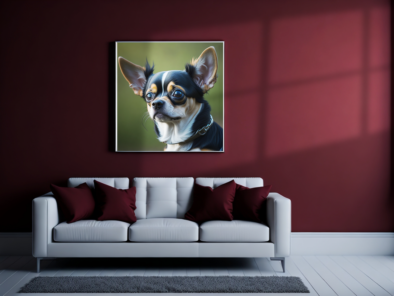 Modern living room interior frame mockup with sofa, with maroon wall psd