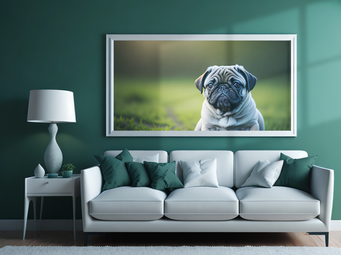 Modern living room interior frame mockup with sofa and lamp, table with green wall psd