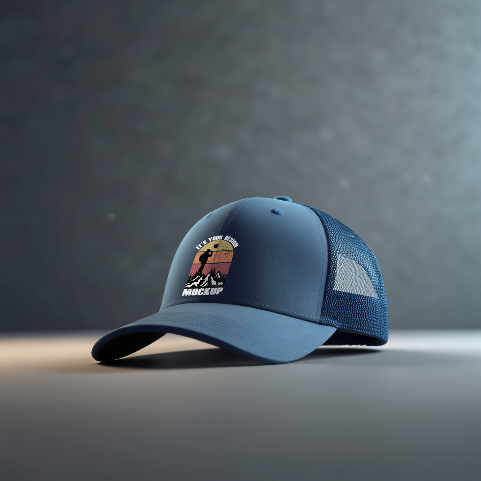 Navy Blue trucker hat mockup with clothing store background psd