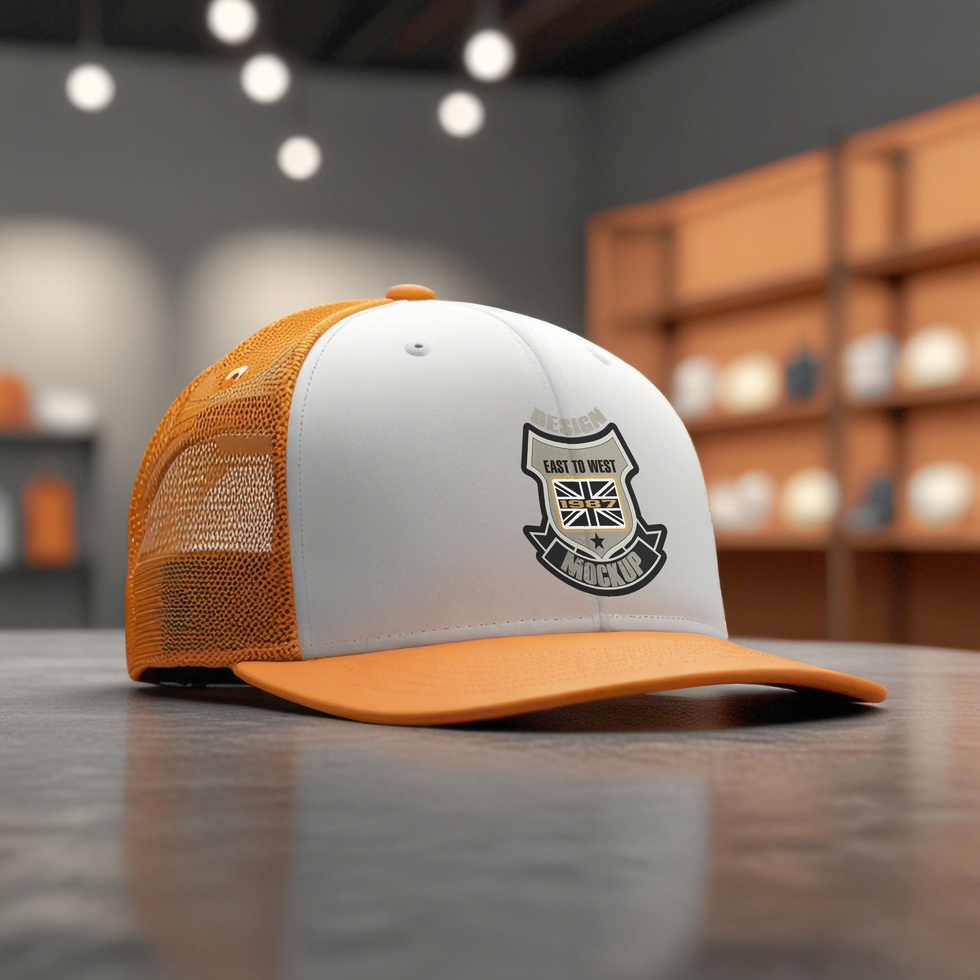 Orange trucker hat mockup with clothing store background psd