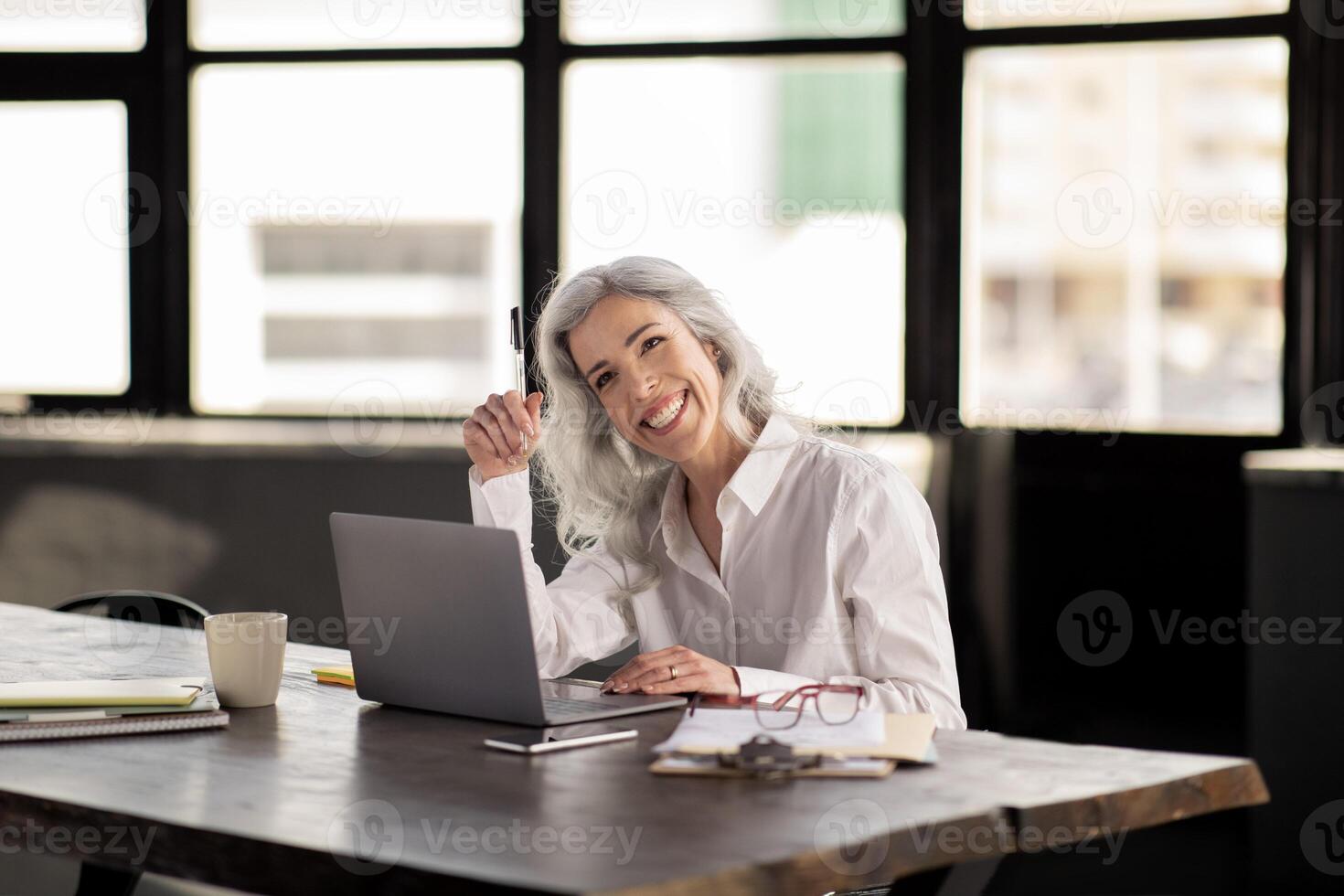 Professional Entrepreneurship. Smiling Business Woman Sitting At Laptop Working Online In Office Interior. Manager Enjoying Corporate Routine Using Computer At Workplace, Looking Aside photo