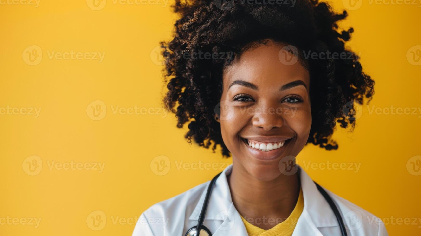 A cheerful female doctor with curly hair smiles brightly, wearing a white coat and stethoscope, standing against a vibrant yellow background. photo