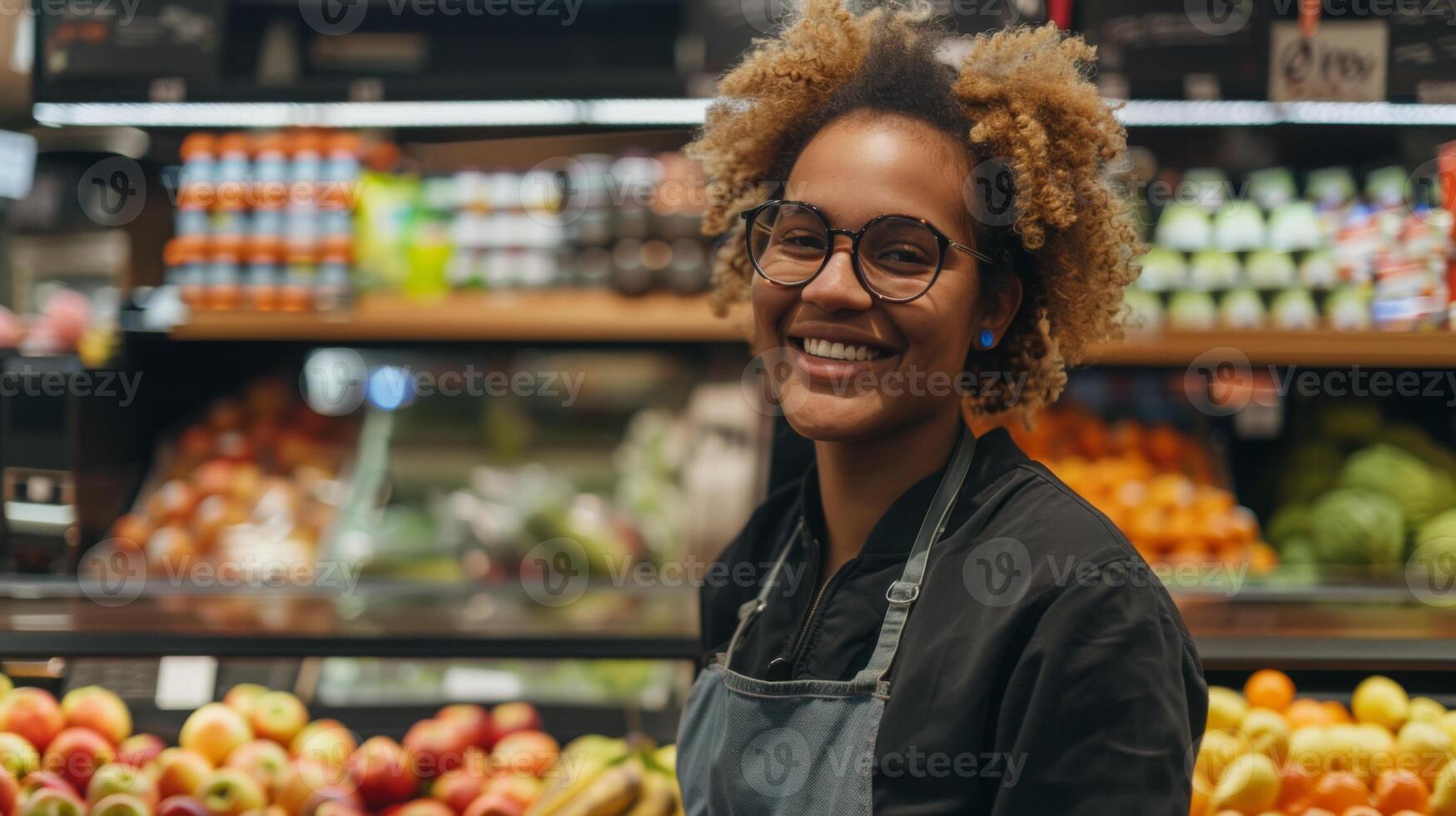 A cheerful grocery store employee arranges fruits and vegetables in a brightly lit aisle, showcasing a fresh and vibrant produce section. photo
