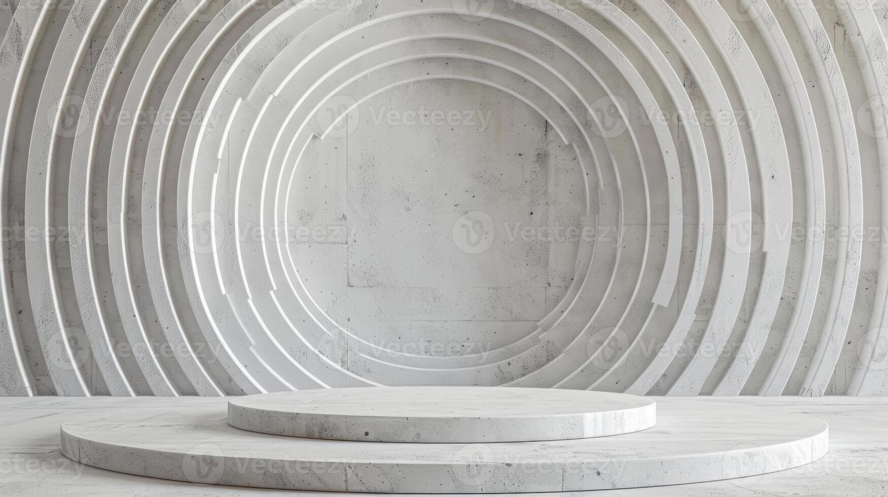 A minimalist white stage with concentric circular arches in a modern indoor setting, capturing a serene atmosphere in daylight. photo