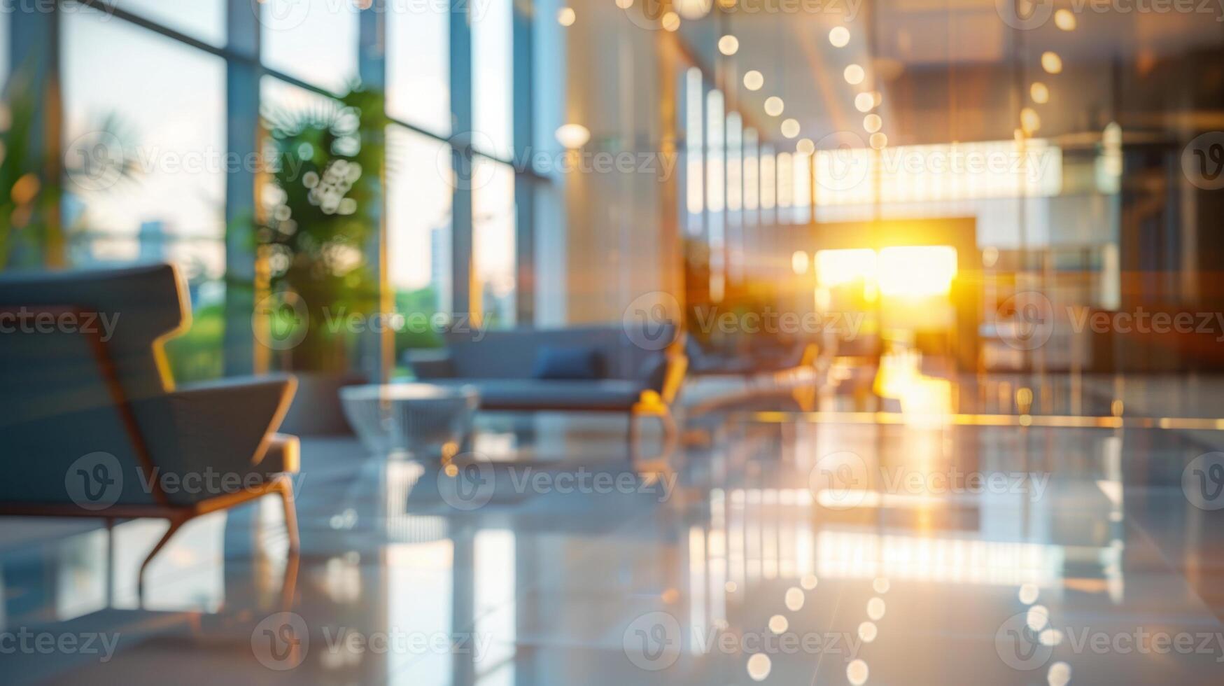 A modern office lobby bathed in the warm glow of a sunset, featuring comfortable seating and large windows that offer a view of the cityscape. photo